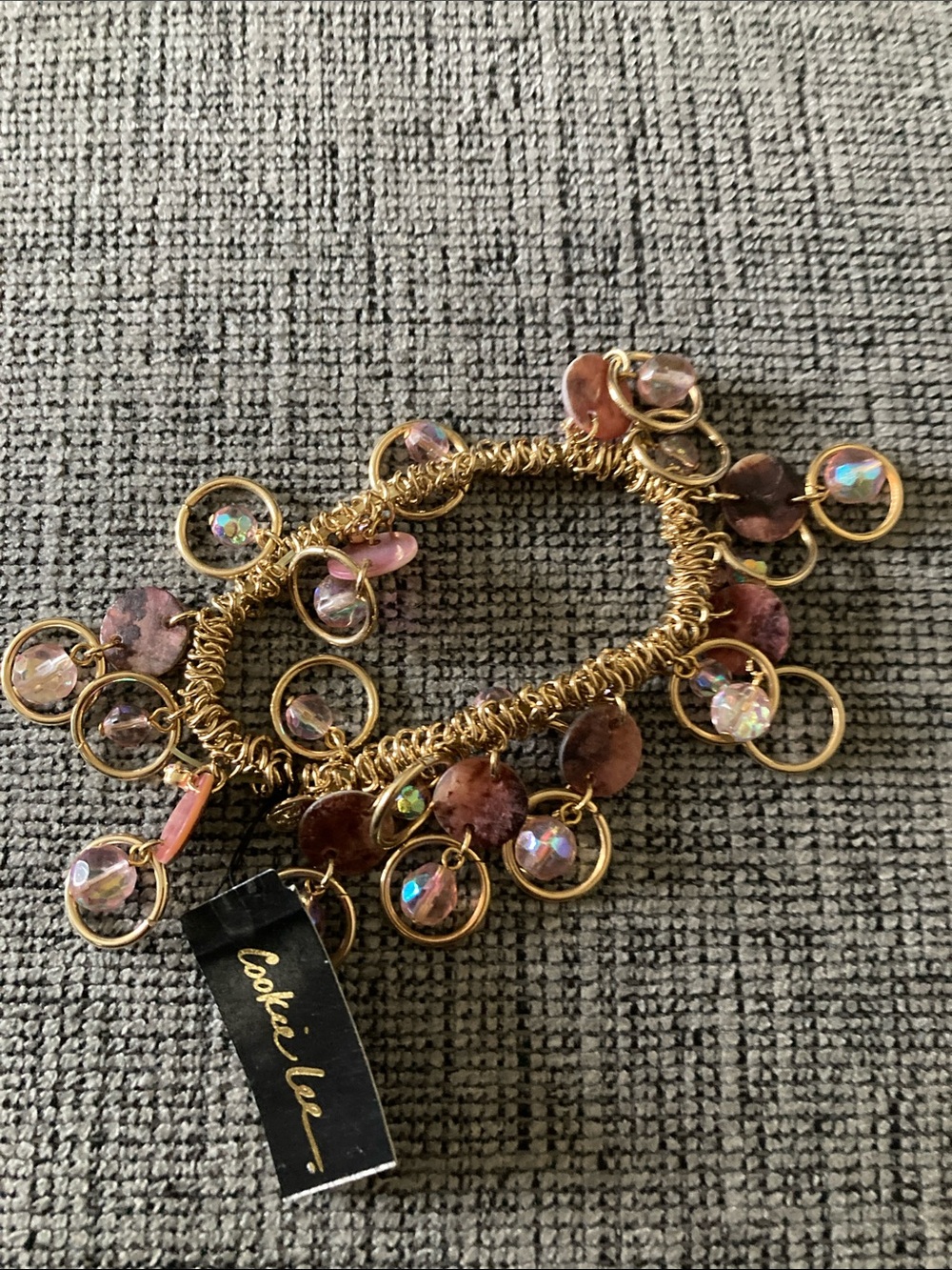 Cookie Lee Gold-Tone Bracelet with Pink and Iridescent Charms